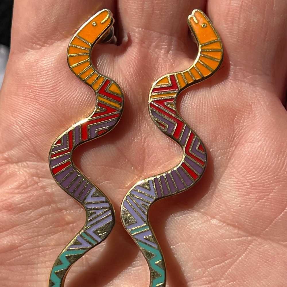 Vintage Laurel Burch snake earrings cloisonne - Picture 2 of 9